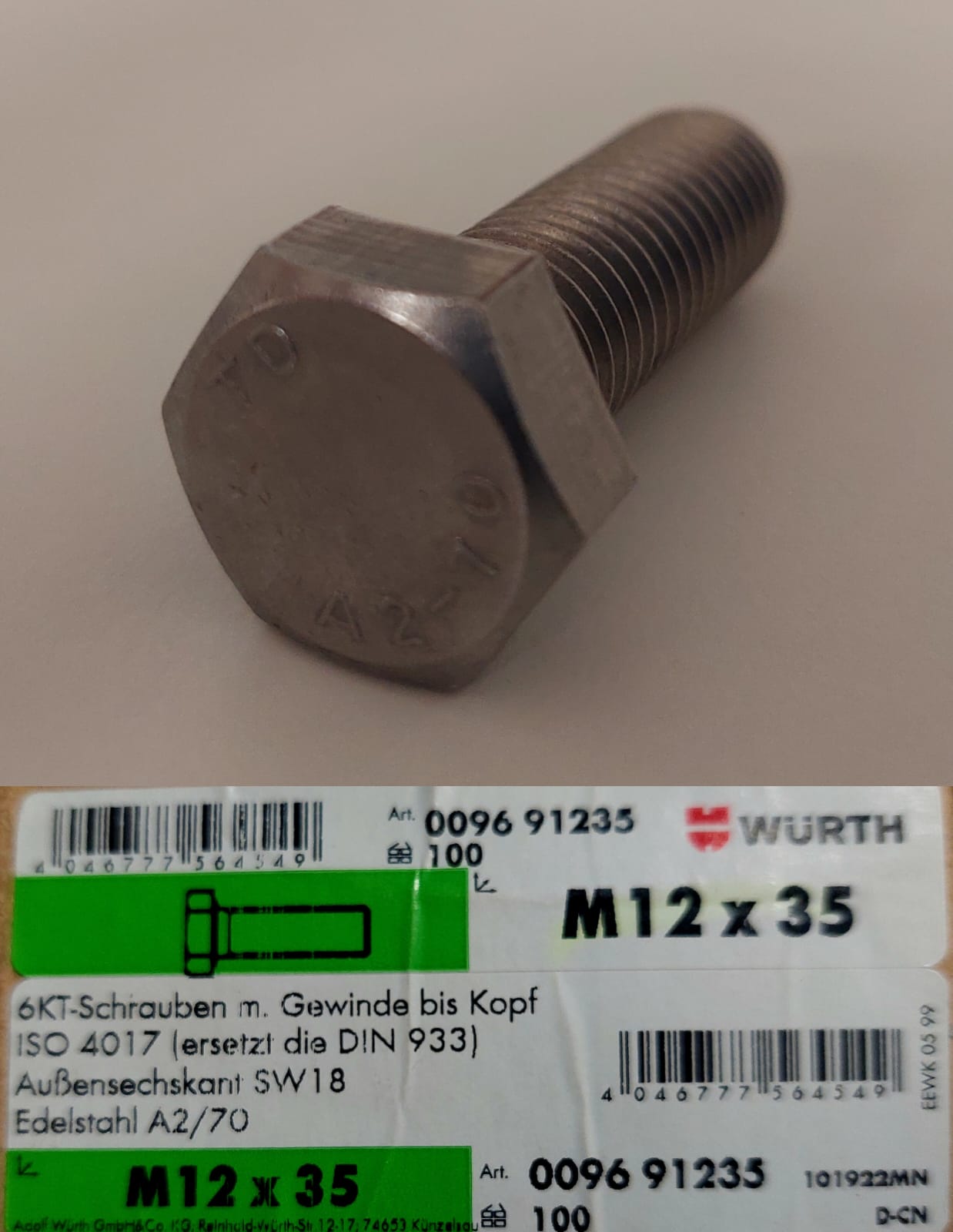 Hexagon head screw with thread up to the head M12x35